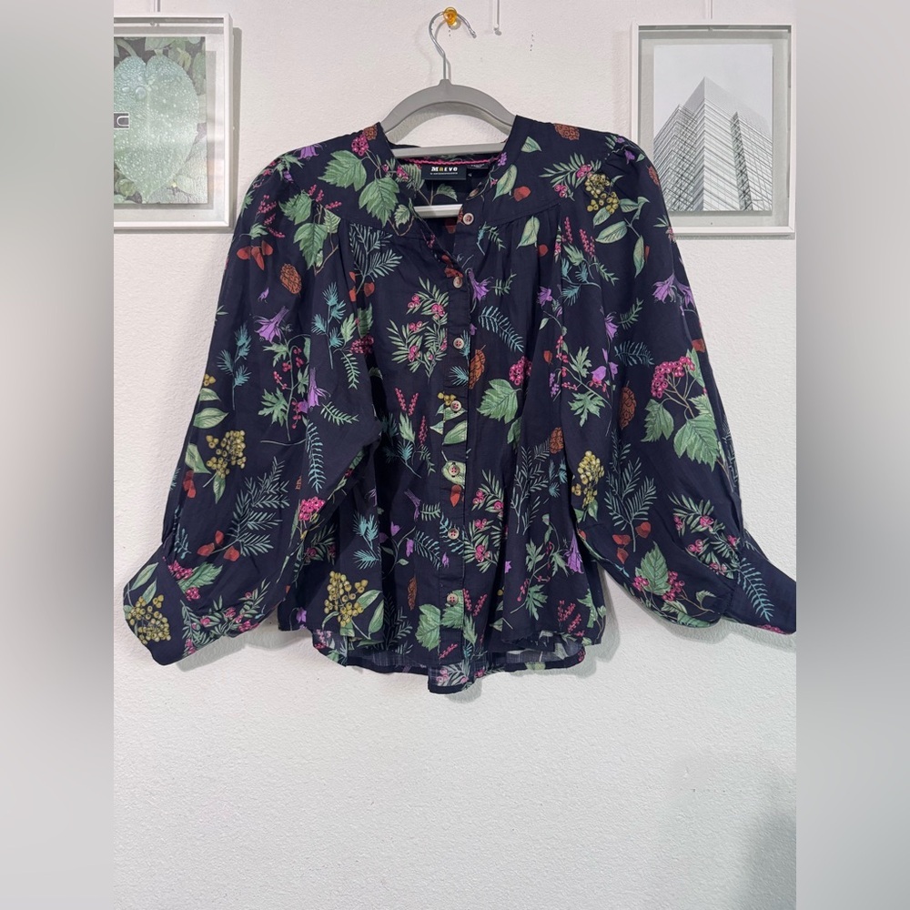 Maeve Femme button down top, dark blue with multicolor print, size medium